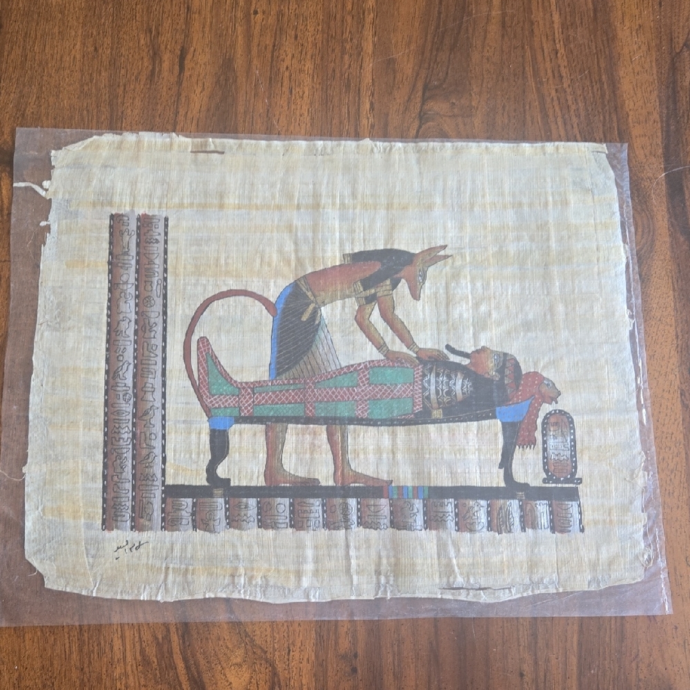 Jackal-headed god Anubis attending the mummy of Sennedjem EGYPTIAN PAPYRUS ART